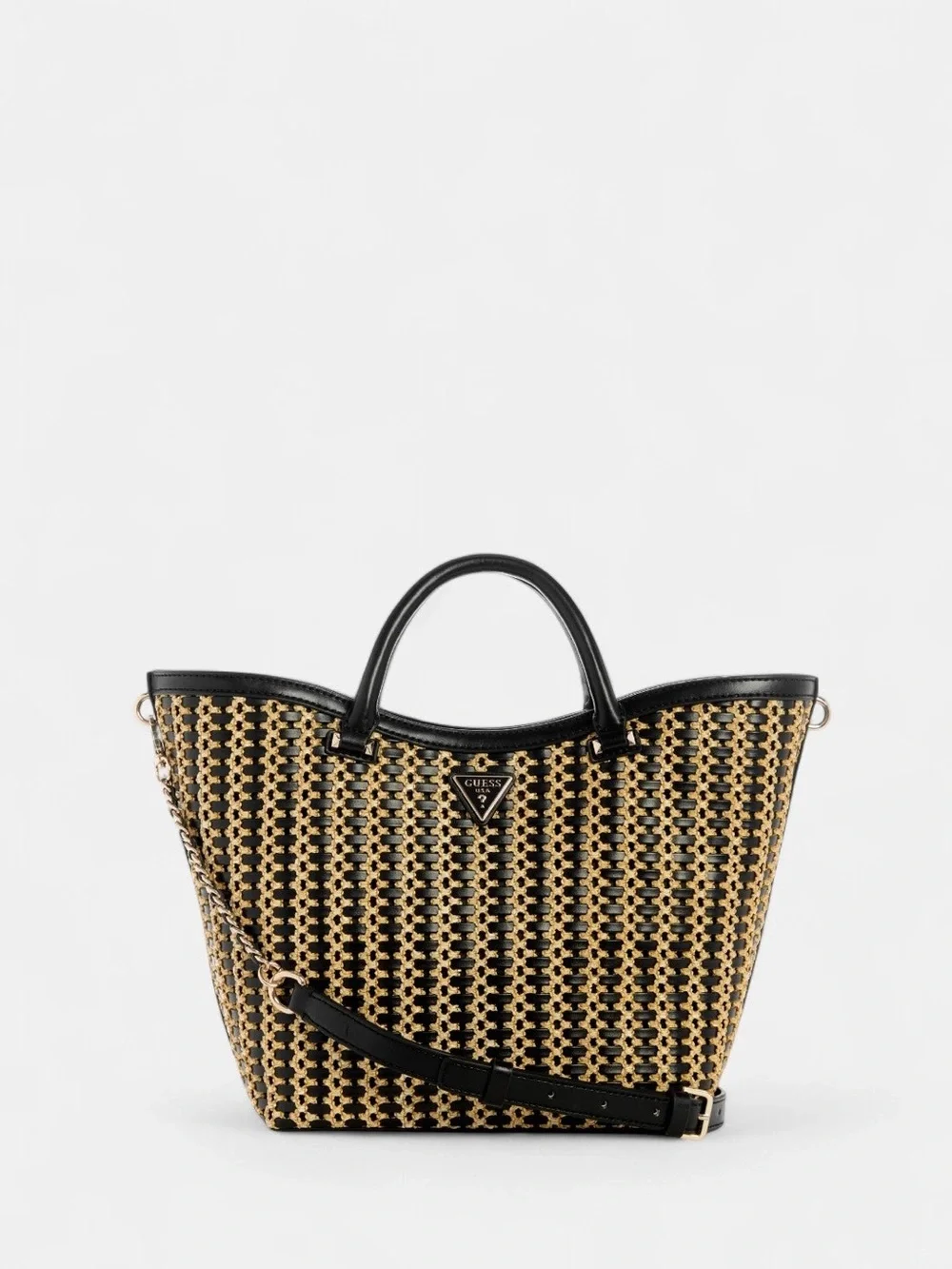 New Guess Black & Tan Woven Tote with Chain-Detail Strap